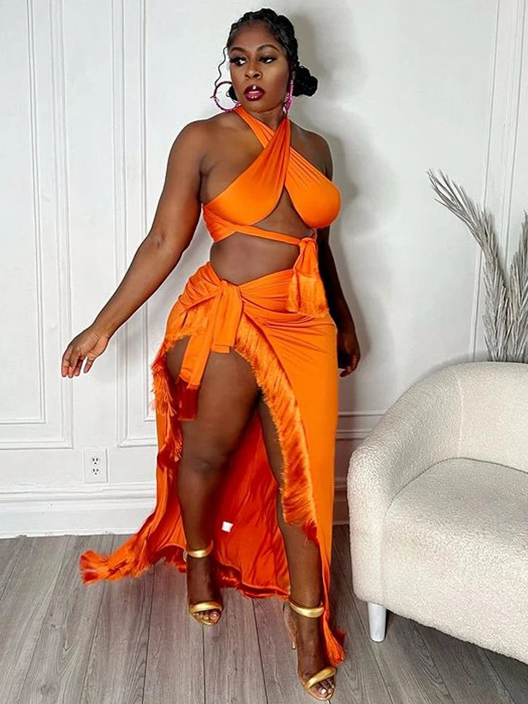 Chic Halter Neck Crop |Top And High Slit Resort Wrap Skirt Set |Two-Piece Outfits Summer Fringed Swimsuits Cover-Up Set