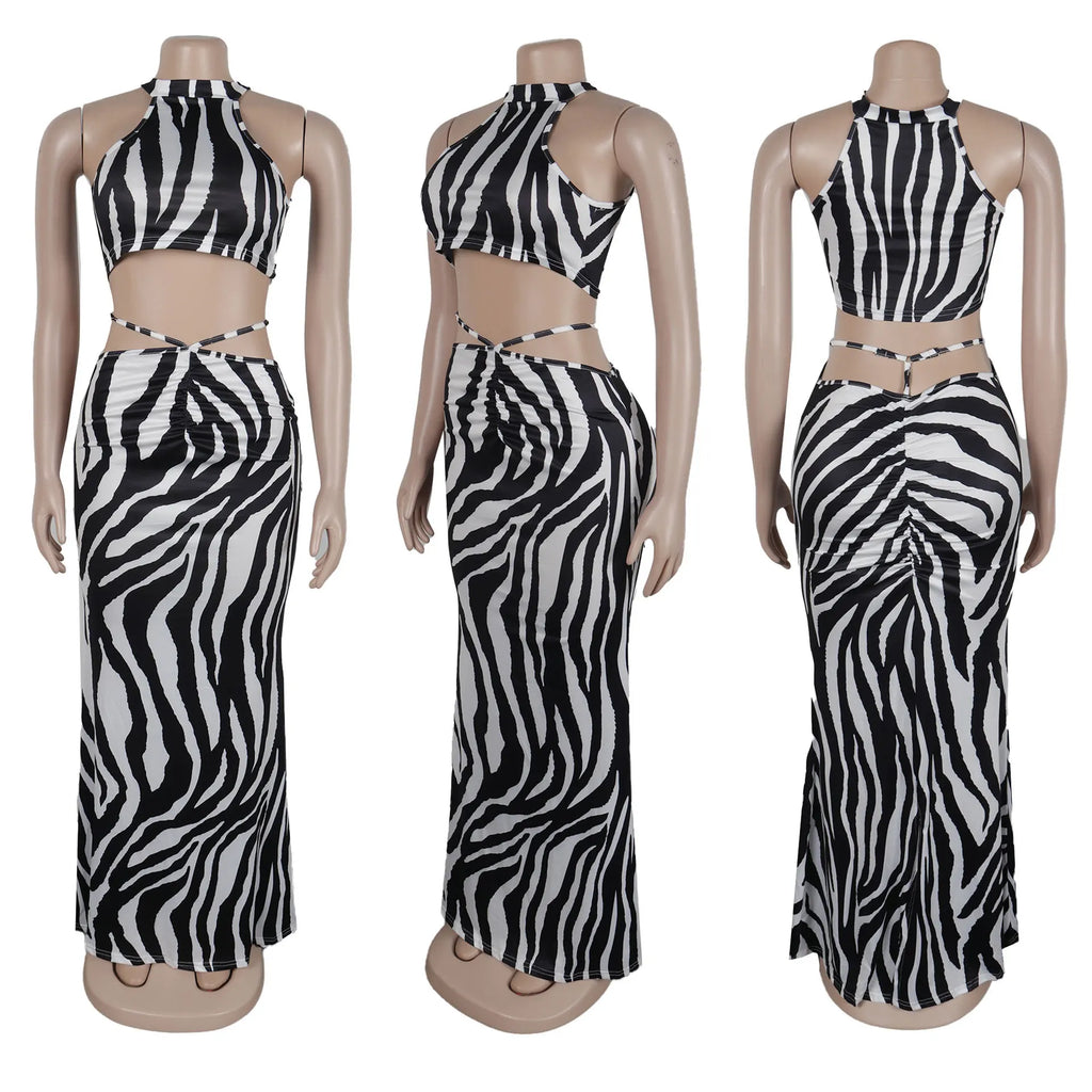 Summer Women Sets | Sleeveless Sexy Striped Print Crop Top and Long Skirt Set | Night Club Party Beach 2 Two Piece Sets