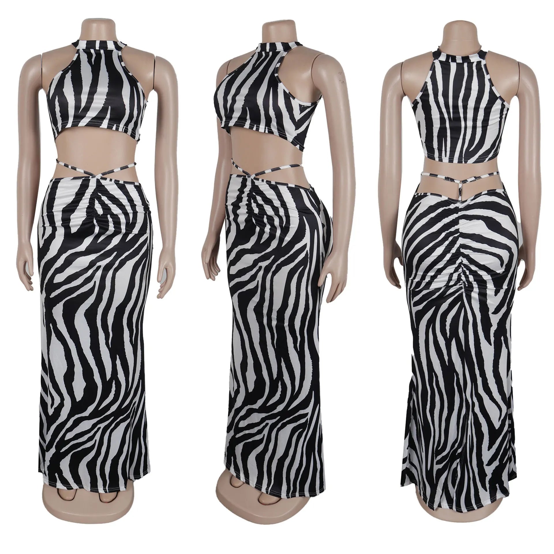 Summer Women Sets | Sleeveless Sexy Striped Print Crop Top and Long Skirt Set | Night Club Party Beach 2 Two Piece Sets