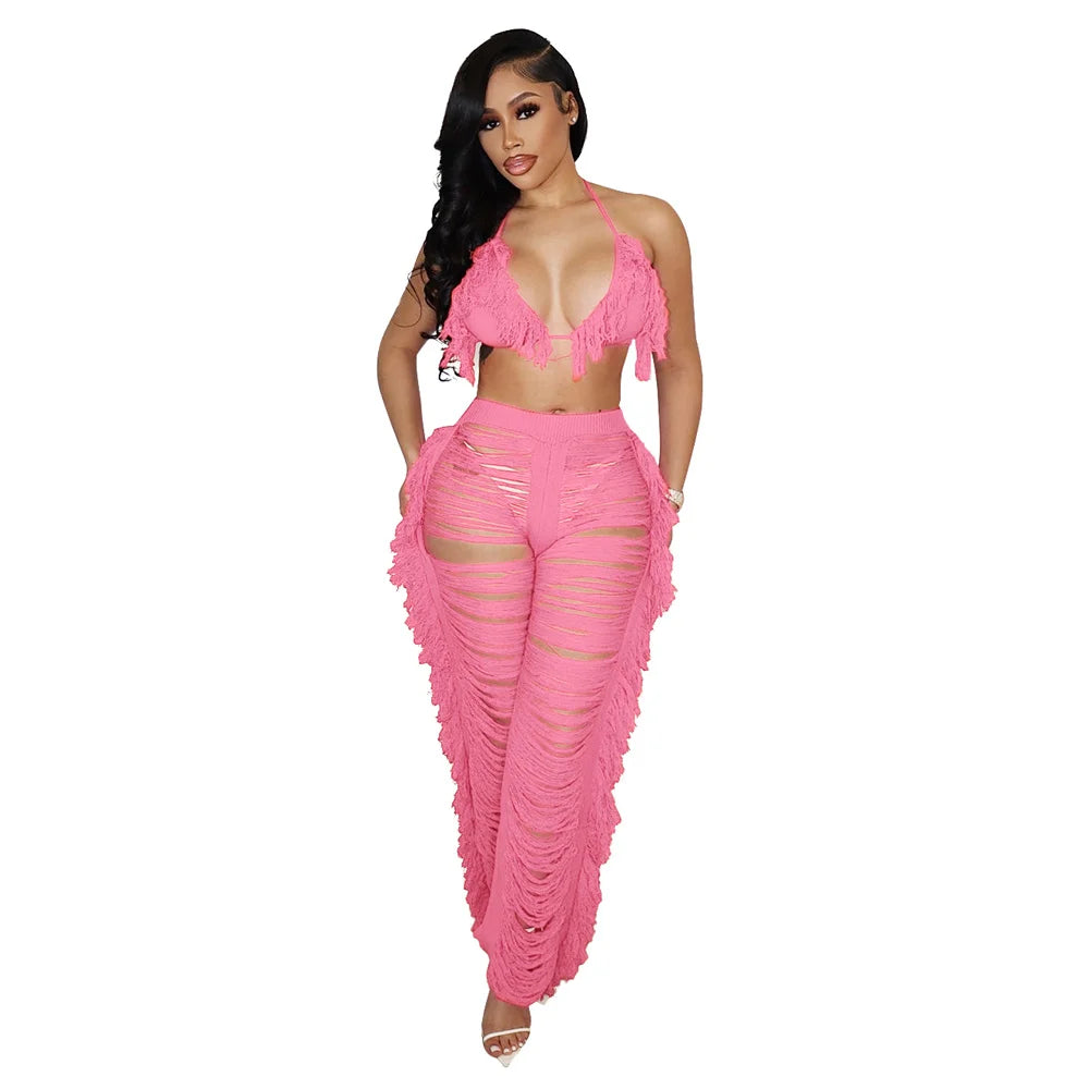 Women Crochet Set | cover up| swim Two Pieces Set Halter | Backless Top Pants Tassels Knitted | 2 Pieces  Beach Set