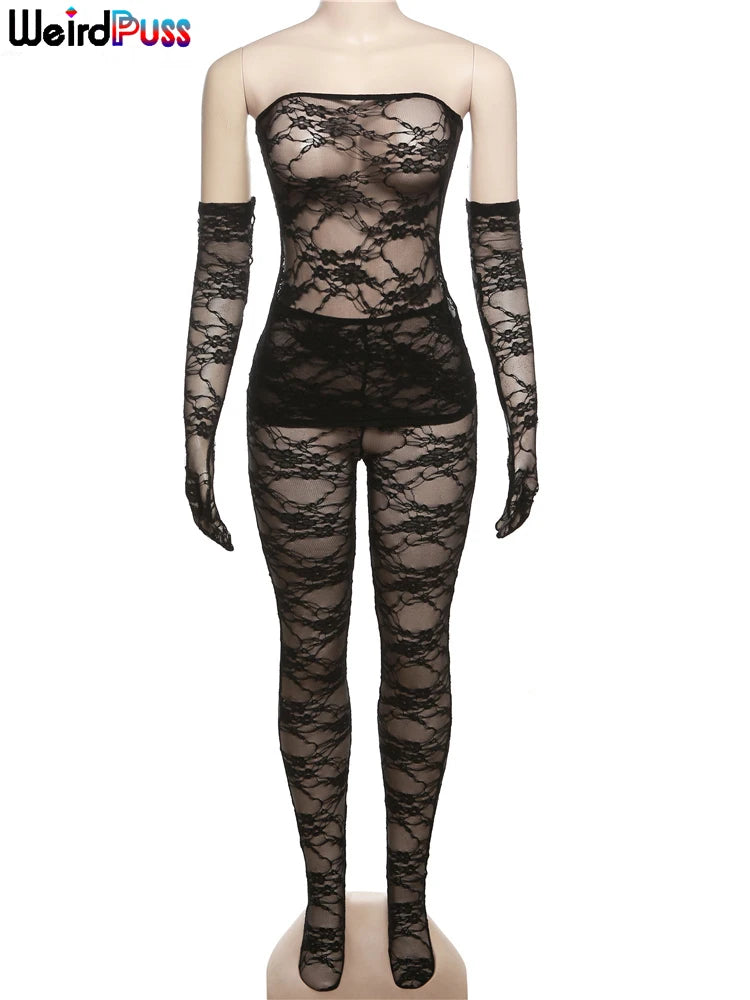 Sexy Lace Women 2Piece Set| Tube Dress+See Through Stockings | Coquette Hot Girls Club Nightout Party Matching Outfits