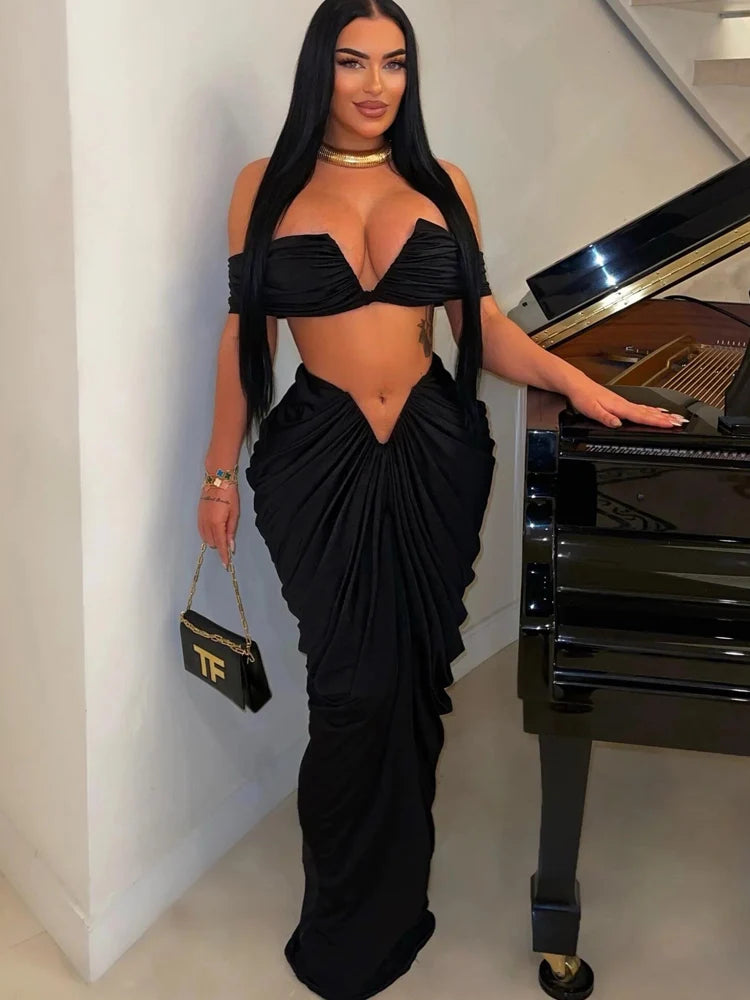 Women's Beautiful Ruched Skirt Set | Two-Piece Outfits | Pleated Crop Top And High Skirt Set Night Club Outfits