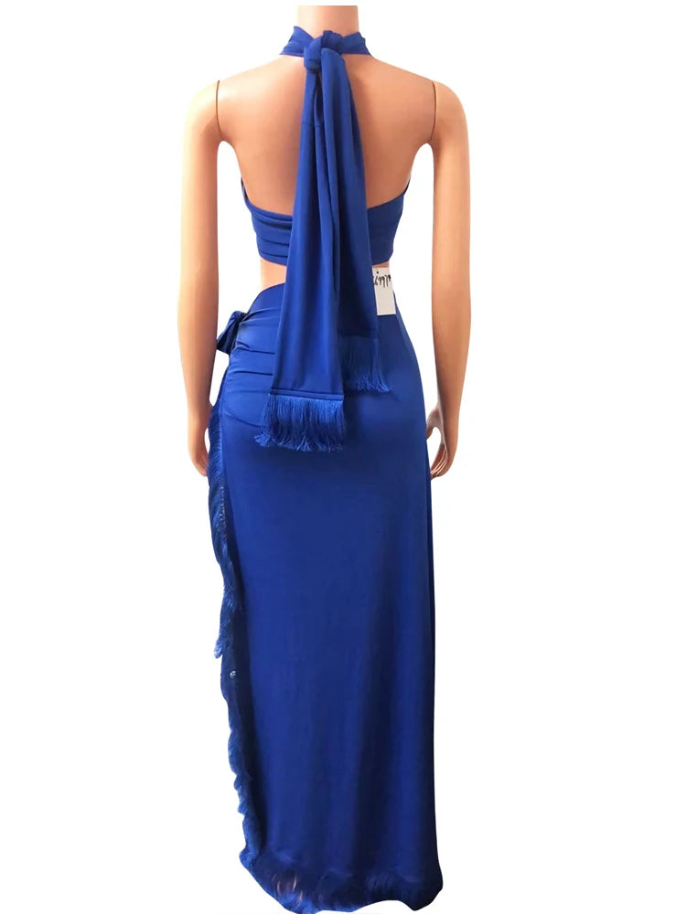 Chic Halter Neck Crop |Top And High Slit Resort Wrap Skirt Set |Two-Piece Outfits Summer Fringed Swimsuits Cover-Up Set