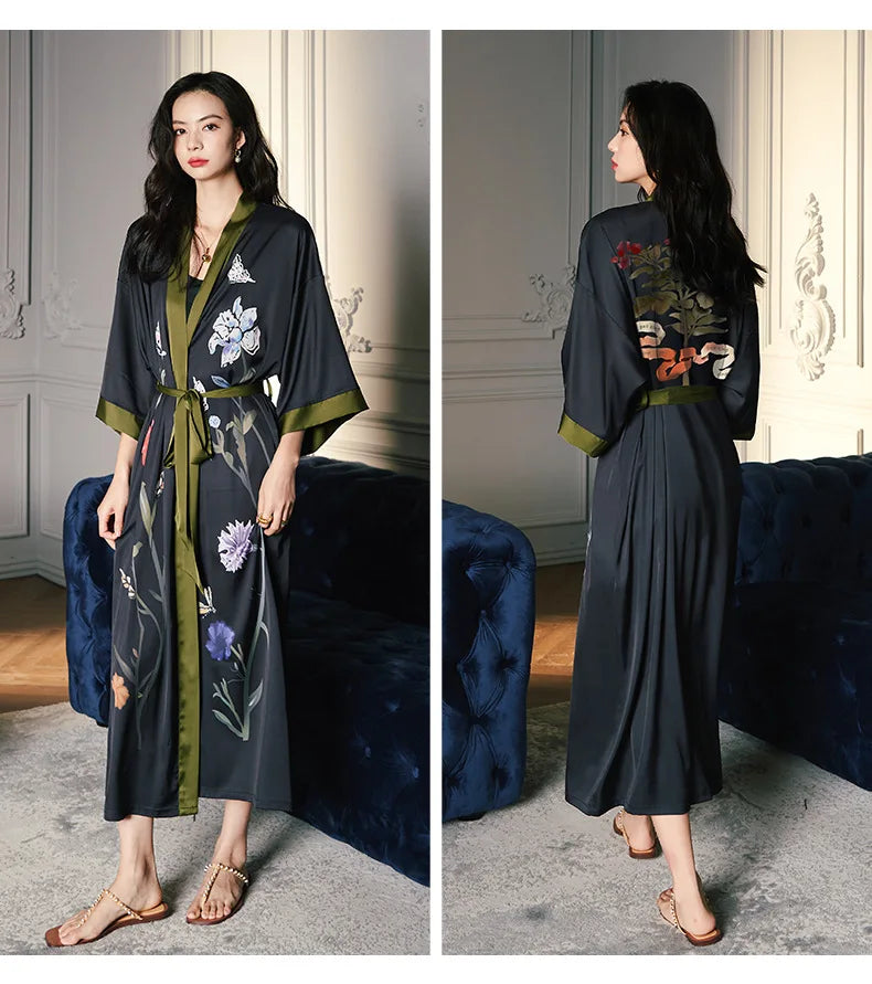 Black Print Flower Long Robe | Nightgown| lounge robe