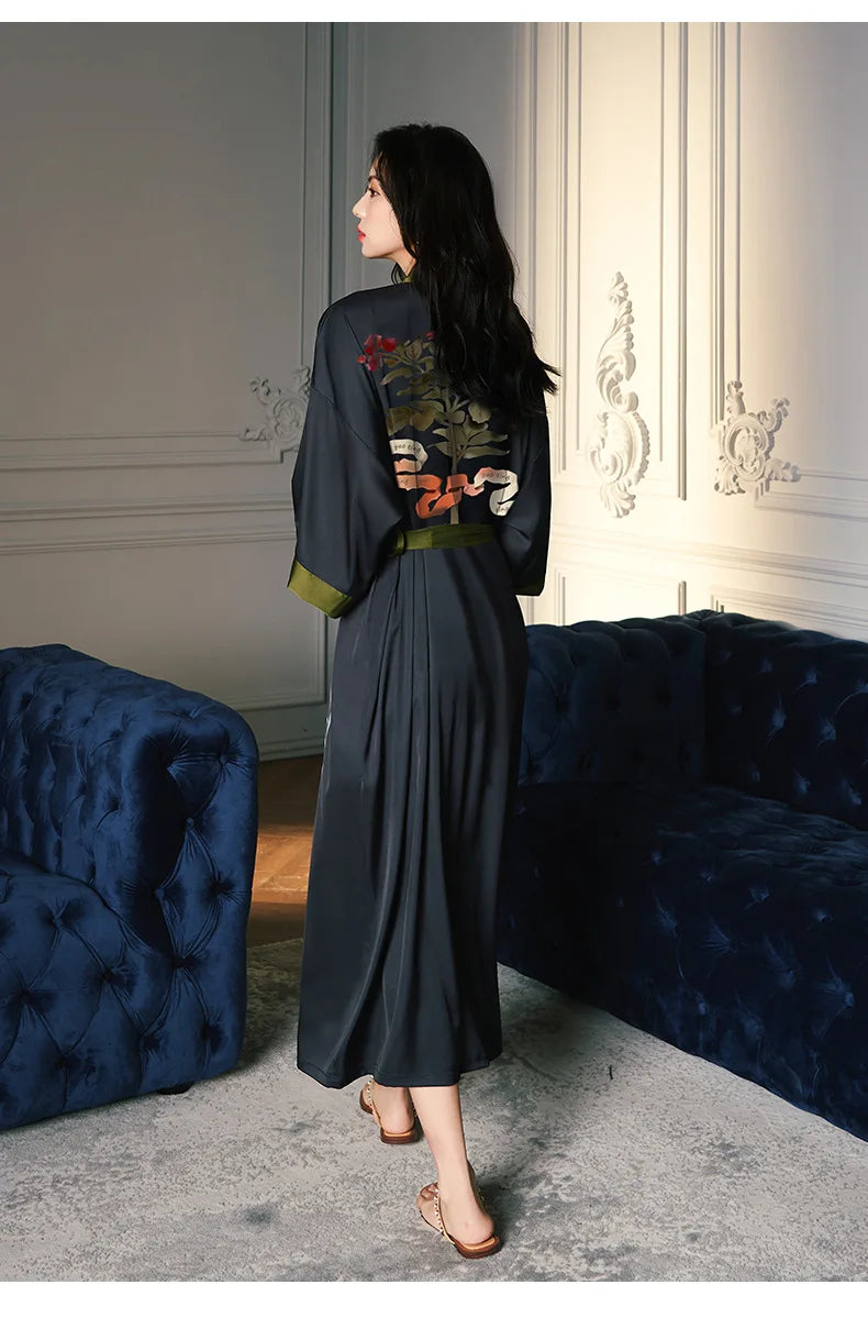 Black Print Flower Long Robe | Nightgown| lounge robe