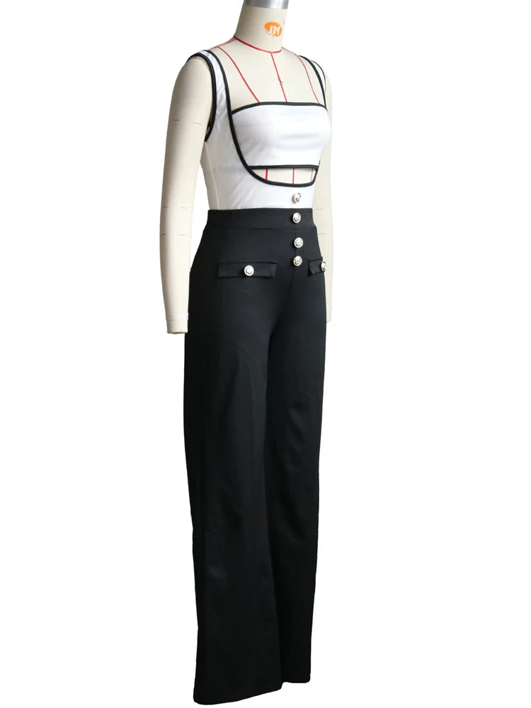 Elegant Women's Suspender Jumpsuits|  Two-Piece Outfits Glam Fitted| Button Details Wide Legs Long Pants Jumpsuit Clubwear