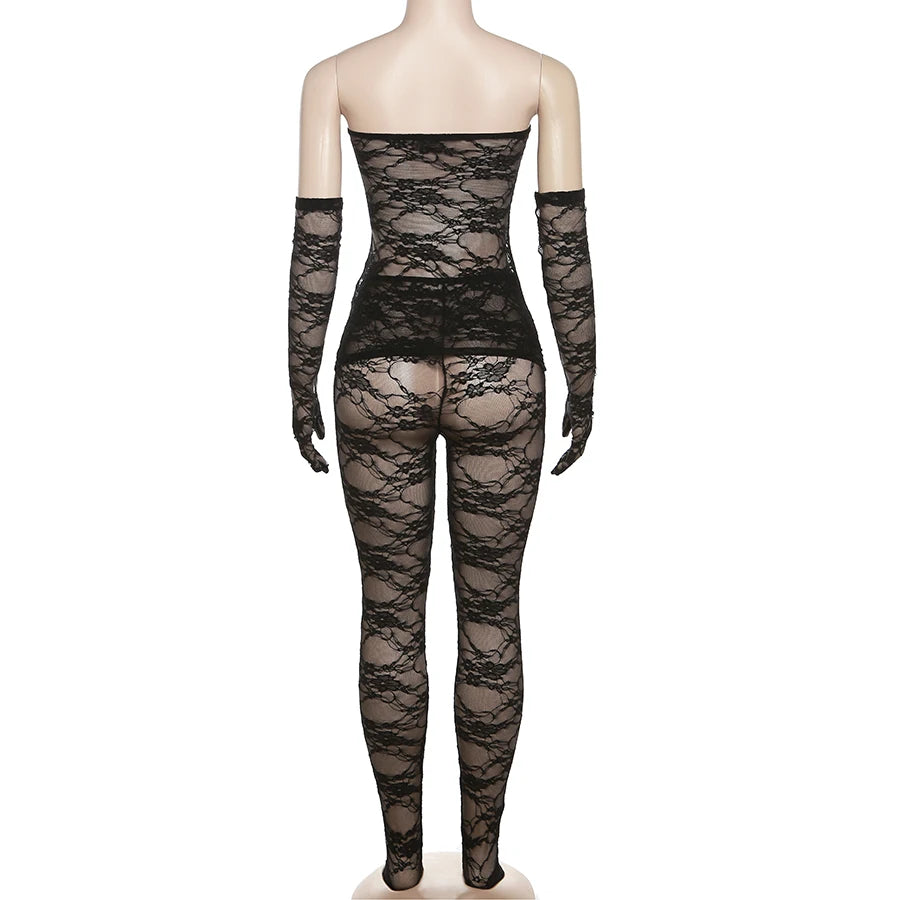 Sexy Lace Women 2Piece Set| Tube Dress+See Through Stockings | Coquette Hot Girls Club Nightout Party Matching Outfits
