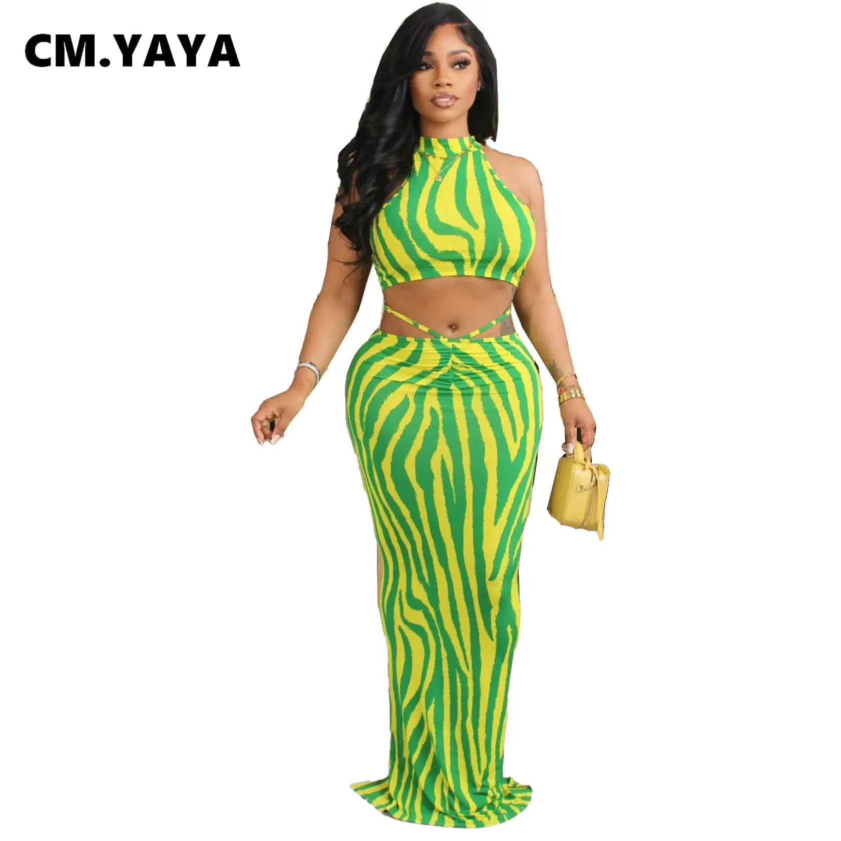 Summer Women Sets | Sleeveless Sexy Striped Print Crop Top and Long Skirt Set | Night Club Party Beach 2 Two Piece Sets