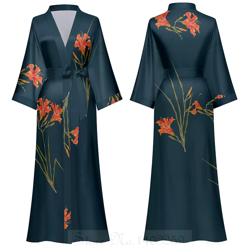 Black Print Flower Long Robe | Nightgown| lounge robe