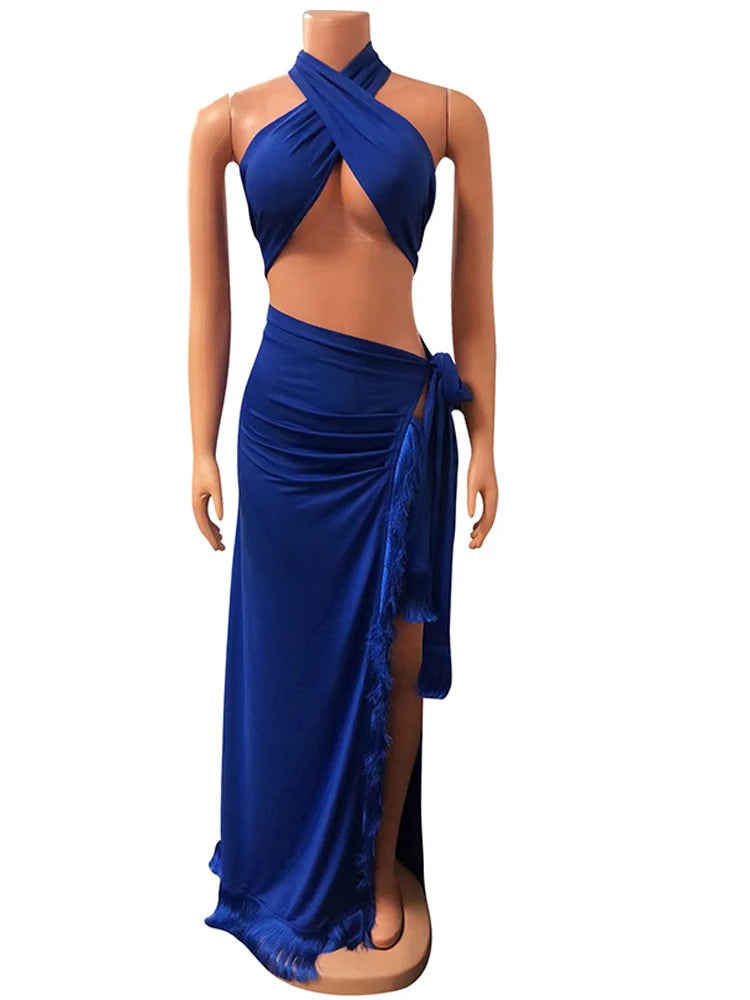 Chic Halter Neck Crop |Top And High Slit Resort Wrap Skirt Set |Two-Piece Outfits Summer Fringed Swimsuits Cover-Up Set