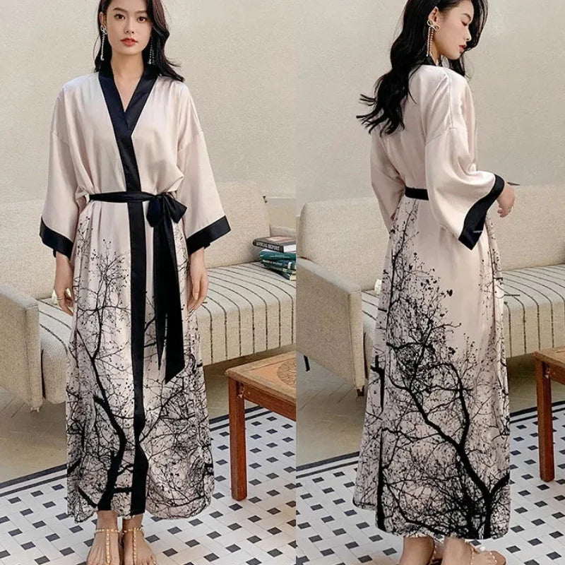 Chinese Style Print Women Long Robe Nightgown SLEEP robe