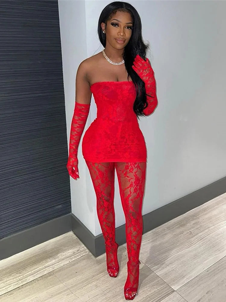 Sexy Lace Women 2Piece Set| Tube Dress+See Through Stockings | Coquette Hot Girls Club Nightout Party Matching Outfits