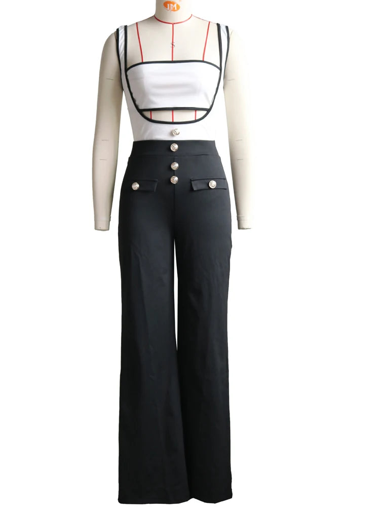 Elegant Women's Suspender Jumpsuits|  Two-Piece Outfits Glam Fitted| Button Details Wide Legs Long Pants Jumpsuit Clubwear
