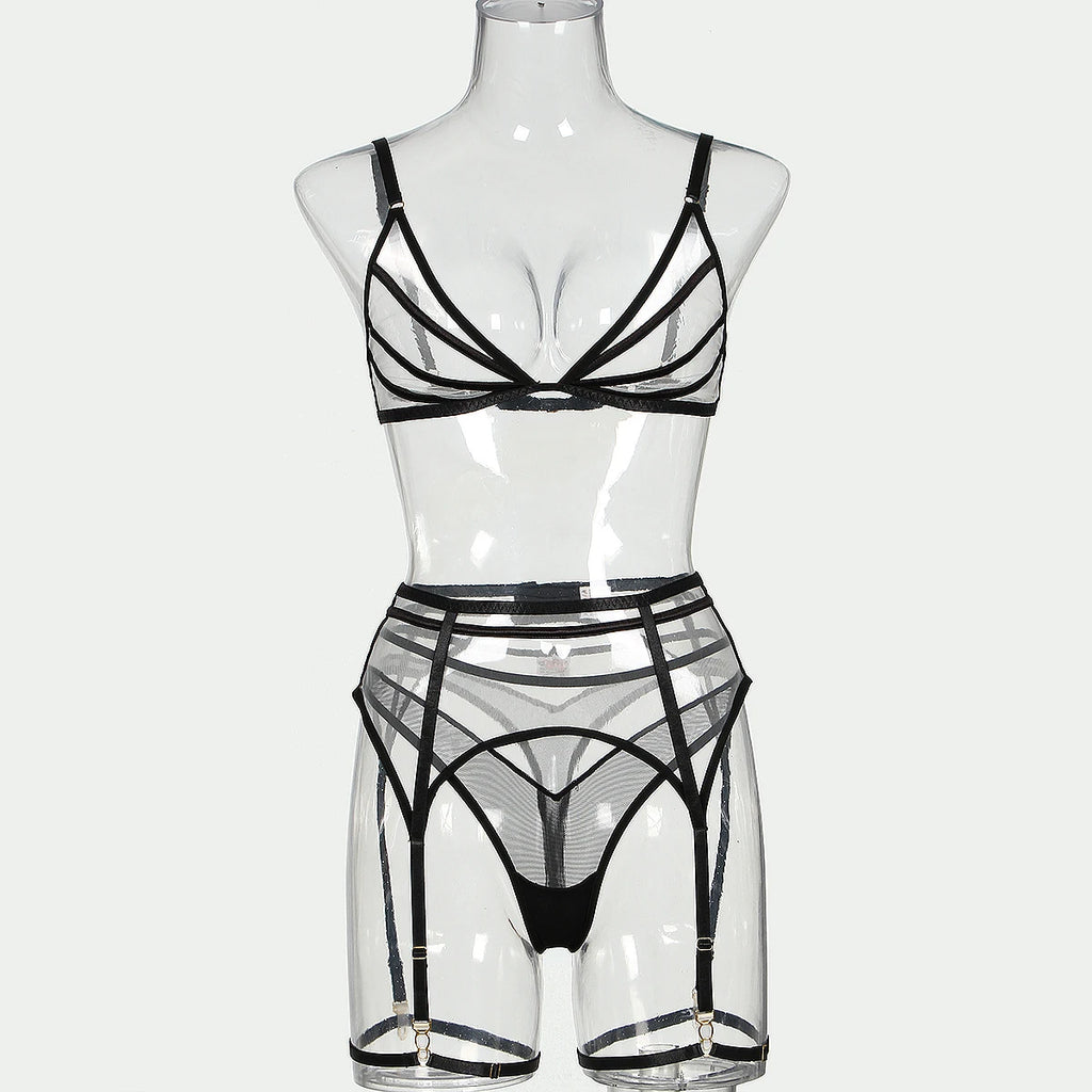 Sensual Lingerie Nude Seamless See Through Underwear Transparent Bra Sexy Garter Belt Set