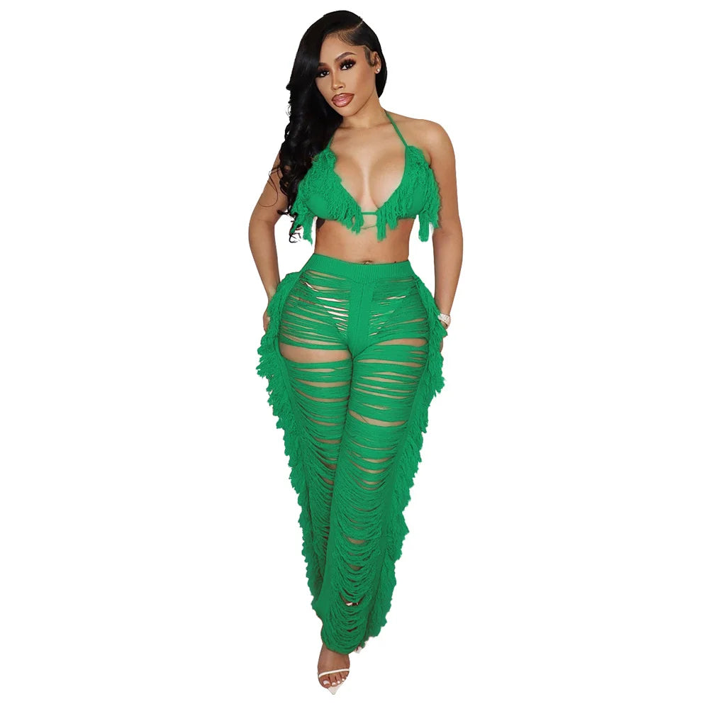 Women Crochet Set | cover up| swim Two Pieces Set Halter | Backless Top Pants Tassels Knitted | 2 Pieces  Beach Set
