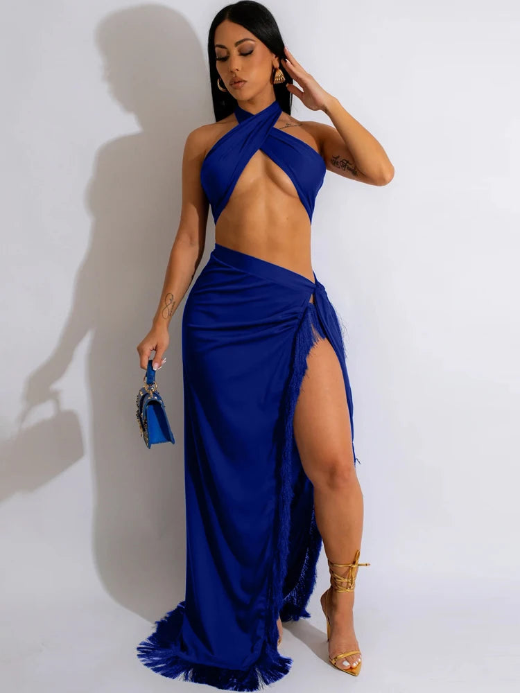 Chic Halter Neck Crop |Top And High Slit Resort Wrap Skirt Set |Two-Piece Outfits Summer Fringed Swimsuits Cover-Up Set