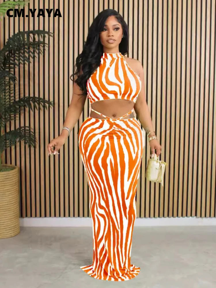 Summer Women Sets | Sleeveless Sexy Striped Print Crop Top and Long Skirt Set | Night Club Party Beach 2 Two Piece Sets