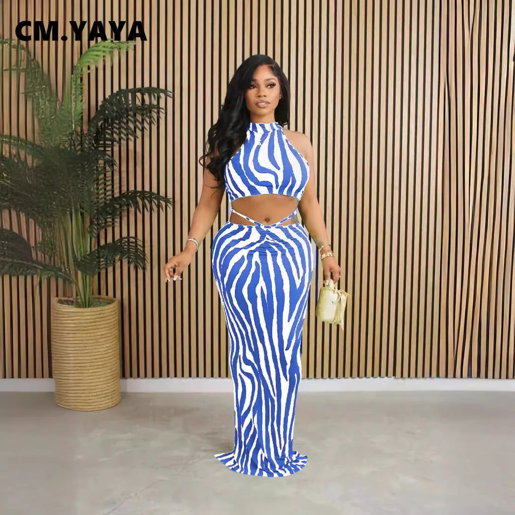 Summer Women Sets | Sleeveless Sexy Striped Print Crop Top and Long Skirt Set | Night Club Party Beach 2 Two Piece Sets