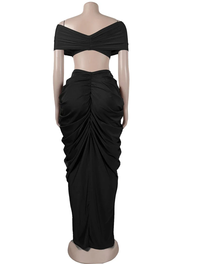Women's Beautiful Ruched Skirt Set | Two-Piece Outfits | Pleated Crop Top And High Skirt Set Night Club Outfits