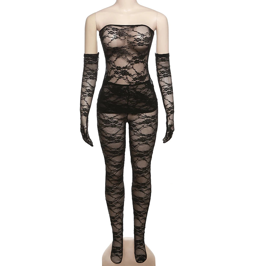 Sexy Lace Women 2Piece Set| Tube Dress+See Through Stockings | Coquette Hot Girls Club Nightout Party Matching Outfits