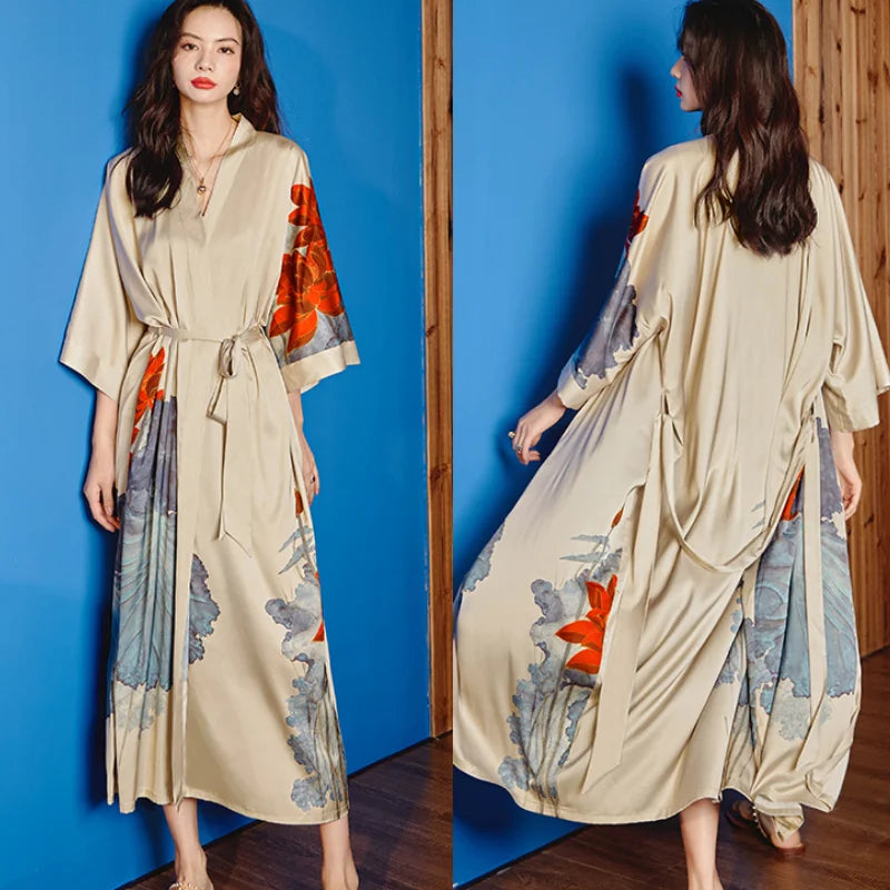 Chinese Style Print Women Long Robe Nightgown SLEEP robe