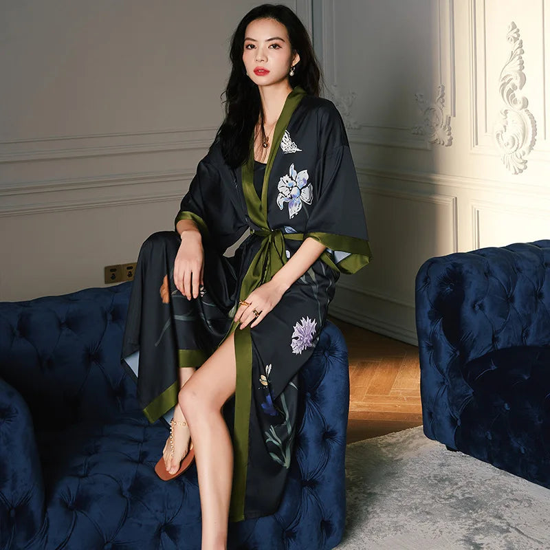 Black Print Flower Long Robe | Nightgown| lounge robe