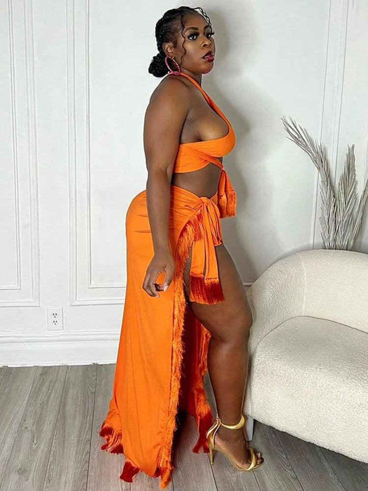 Chic Halter Neck Crop |Top And High Slit Resort Wrap Skirt Set |Two-Piece Outfits Summer Fringed Swimsuits Cover-Up Set