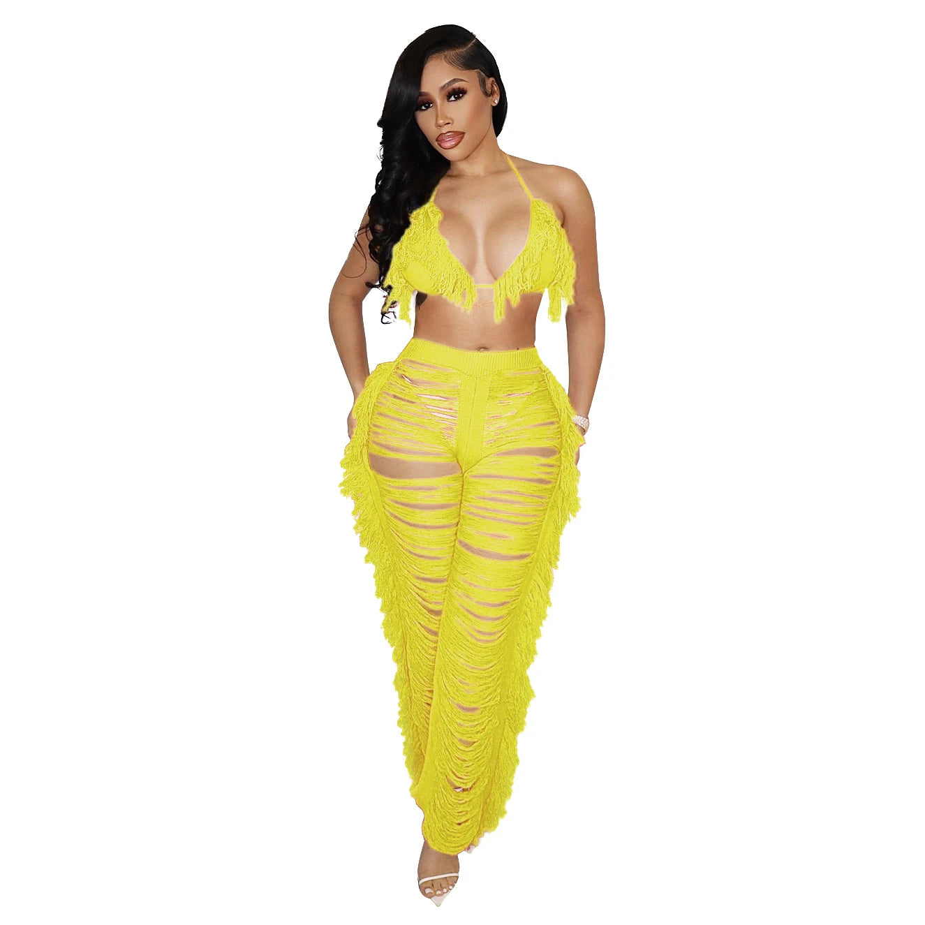 Women Crochet Set | cover up| swim Two Pieces Set Halter | Backless Top Pants Tassels Knitted | 2 Pieces  Beach Set