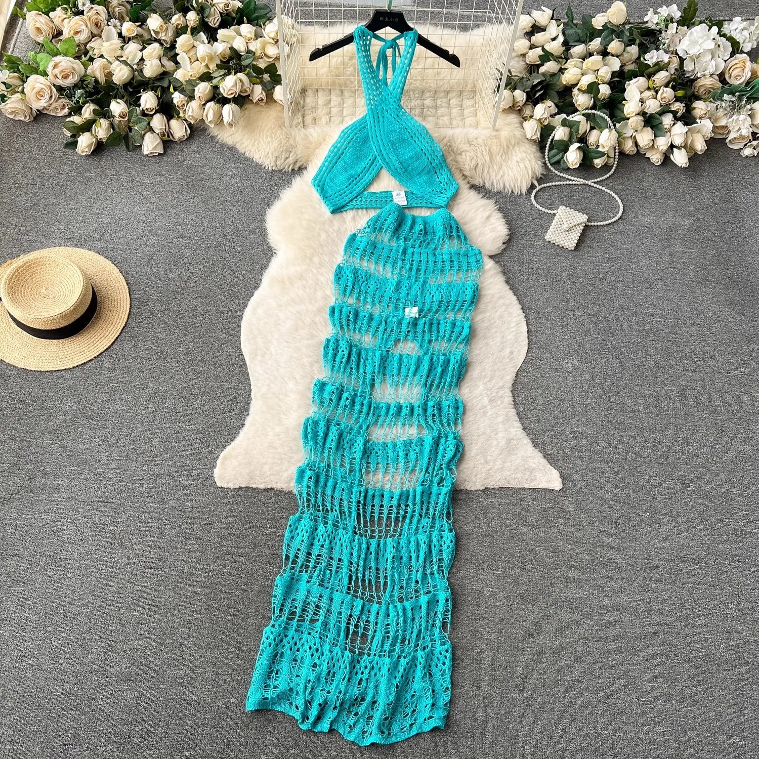 Hollow Out Female Beach Suits| Fashion Cross Halter Camis+Split Long Skirt Set| Ladies Vacation Sexy Sets