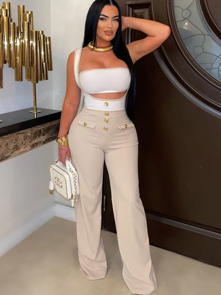 Elegant Women's Suspender Jumpsuits|  Two-Piece Outfits Glam Fitted| Button Details Wide Legs Long Pants Jumpsuit Clubwear