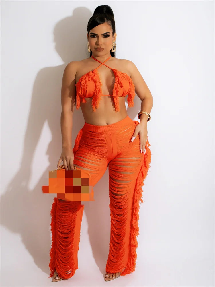 Women Crochet Set | cover up| swim Two Pieces Set Halter | Backless Top Pants Tassels Knitted | 2 Pieces  Beach Set
