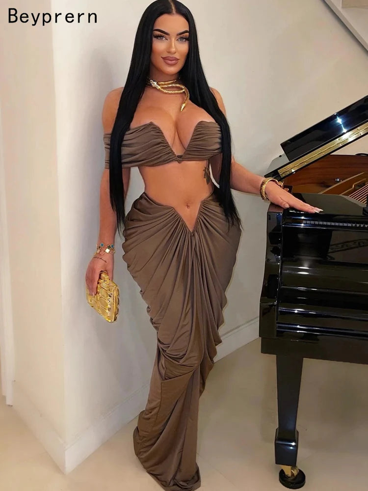 Women's Beautiful Ruched Skirt Set | Two-Piece Outfits | Pleated Crop Top And High Skirt Set Night Club Outfits