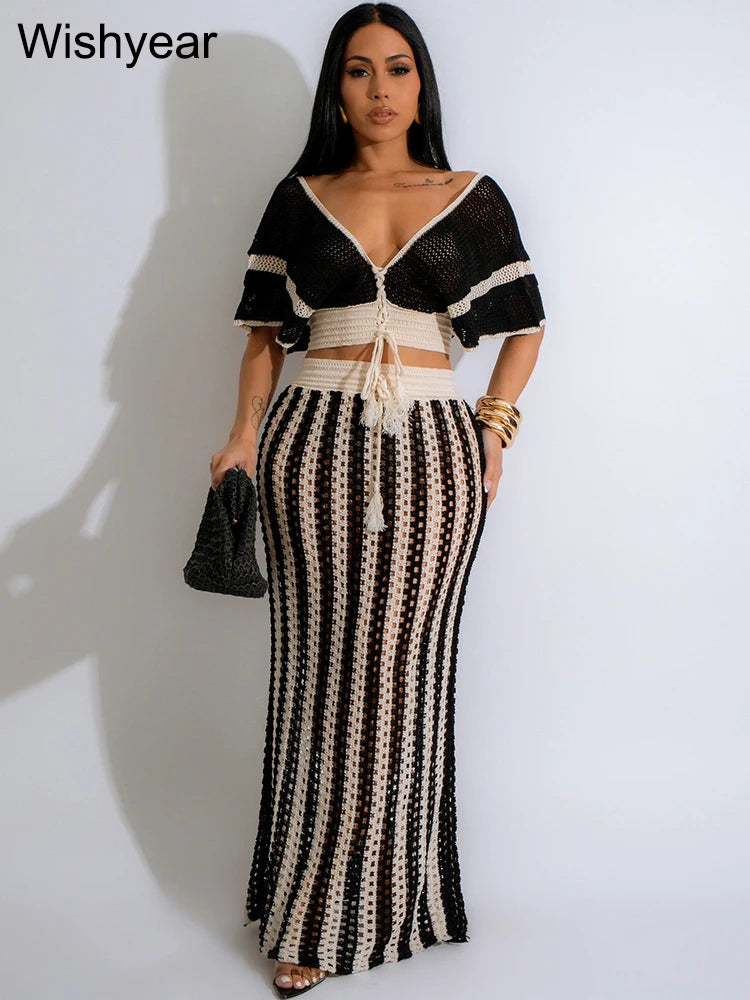 Elegant Knitted Crochet Beach Black Stripe Two 2 Piece| Women Crop Tops and Long Skirts Matching Set Holiday Birthday Outfits