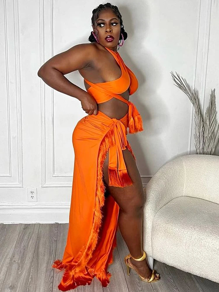 Chic Halter Neck Crop |Top And High Slit Resort Wrap Skirt Set |Two-Piece Outfits Summer Fringed Swimsuits Cover-Up Set