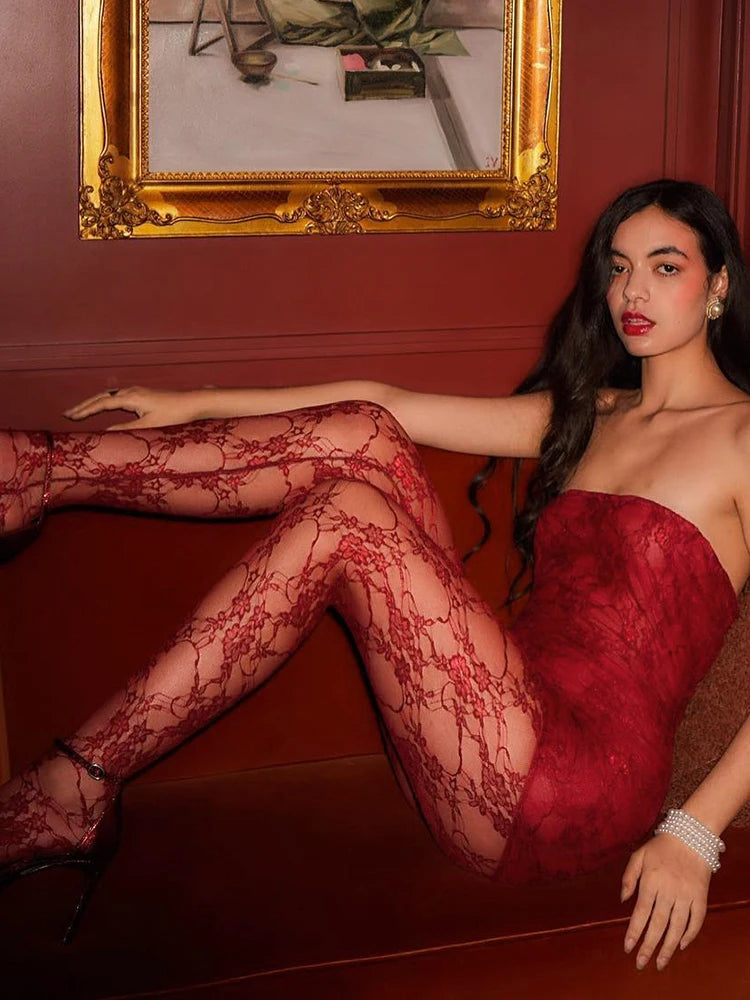 Sexy Lace Women 2Piece Set| Tube Dress+See Through Stockings | Coquette Hot Girls Club Nightout Party Matching Outfits