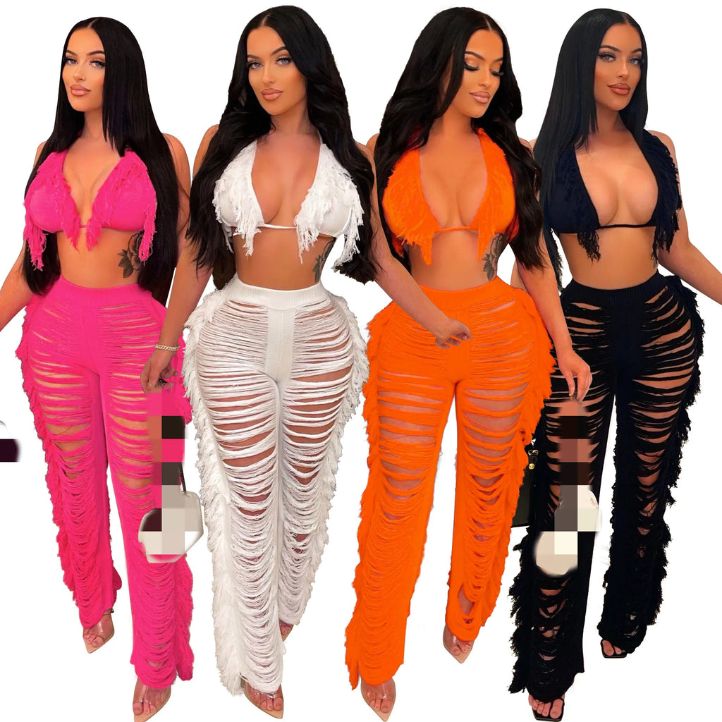 Women Crochet Set | cover up| swim Two Pieces Set Halter | Backless Top Pants Tassels Knitted | 2 Pieces  Beach Set