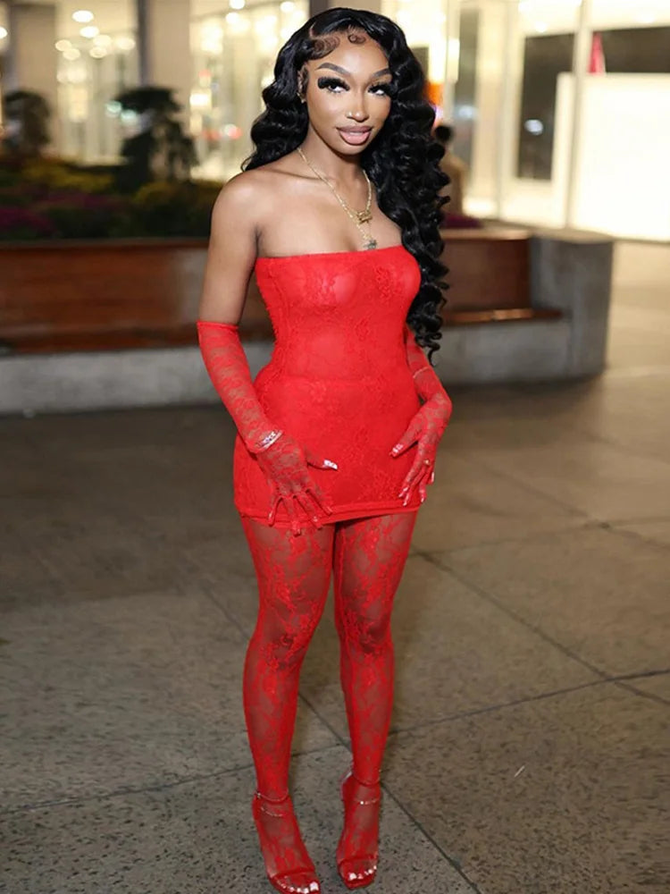 Sexy Lace Women 2Piece Set| Tube Dress+See Through Stockings | Coquette Hot Girls Club Nightout Party Matching Outfits
