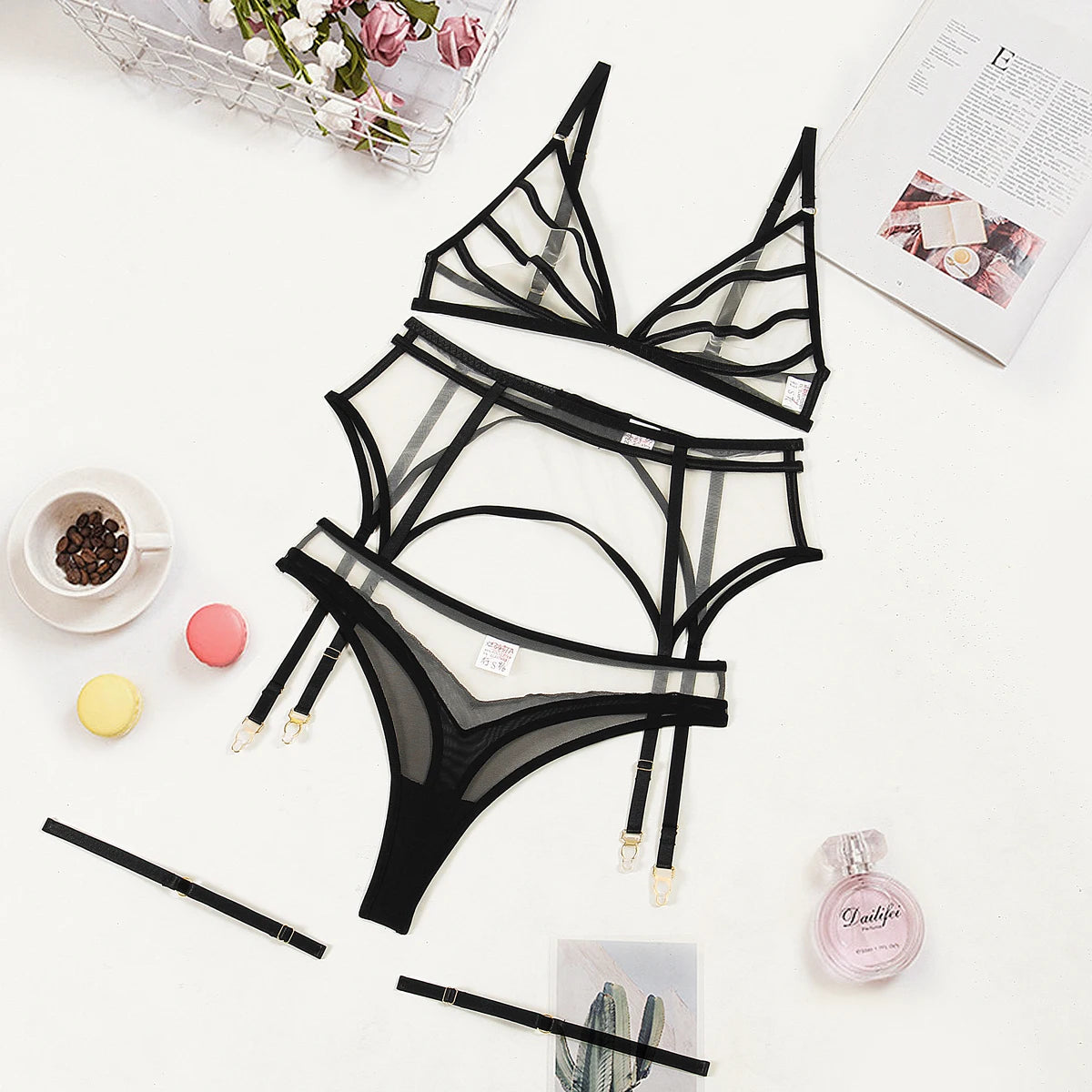 Sensual Lingerie Nude Seamless See Through Underwear Transparent Bra Sexy Garter Belt Set