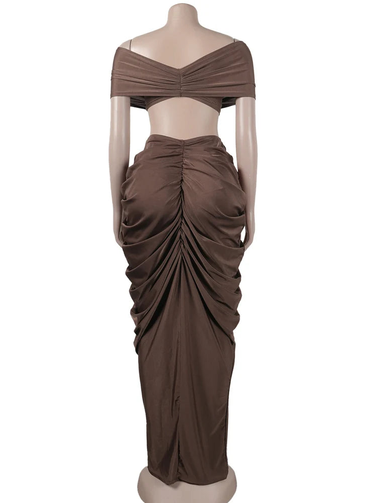 Women's Beautiful Ruched Skirt Set | Two-Piece Outfits | Pleated Crop Top And High Skirt Set Night Club Outfits