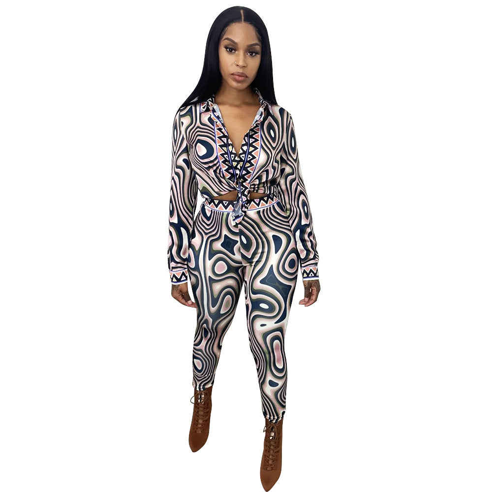plush heat Sexy Printed Long-Sleeved 2 piece Suit